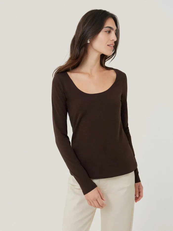 Jigsaw Double Front Ballet Neck Top Brown Women Shirts and Tops