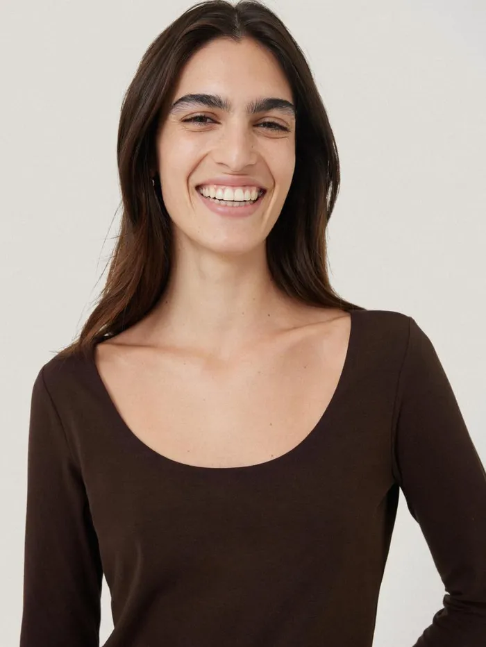 Jigsaw Double Front Ballet Neck Top Brown Women Shirts and Tops