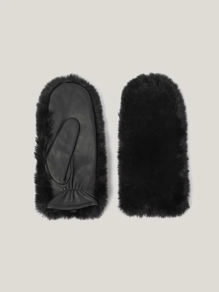 Jigsaw Faux Fur Leather Mitten Black Women Hats and Gloves