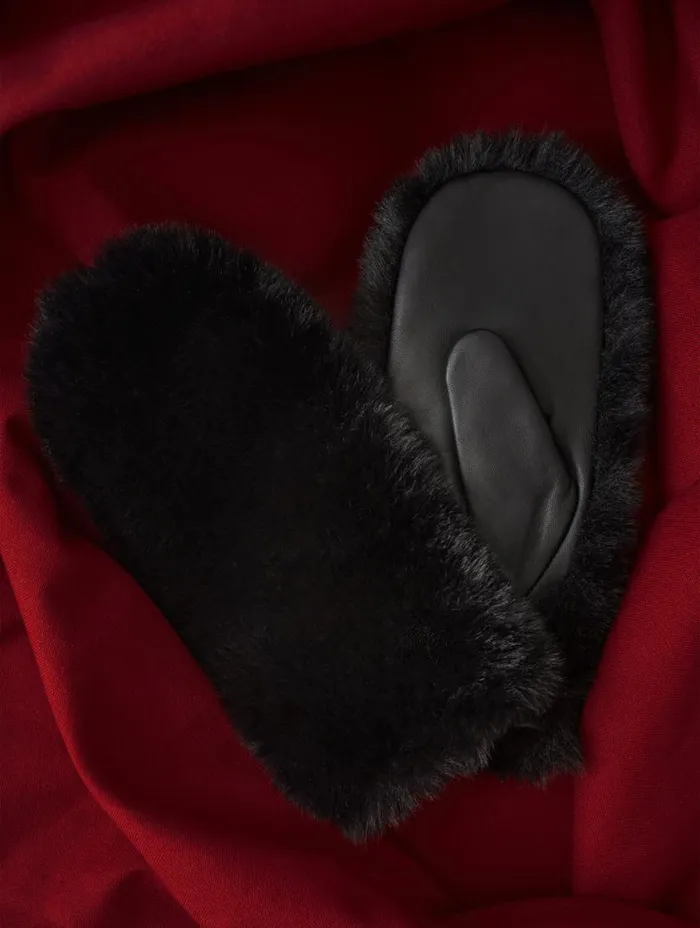 Jigsaw Faux Fur Leather Mitten Black Women Hats and Gloves