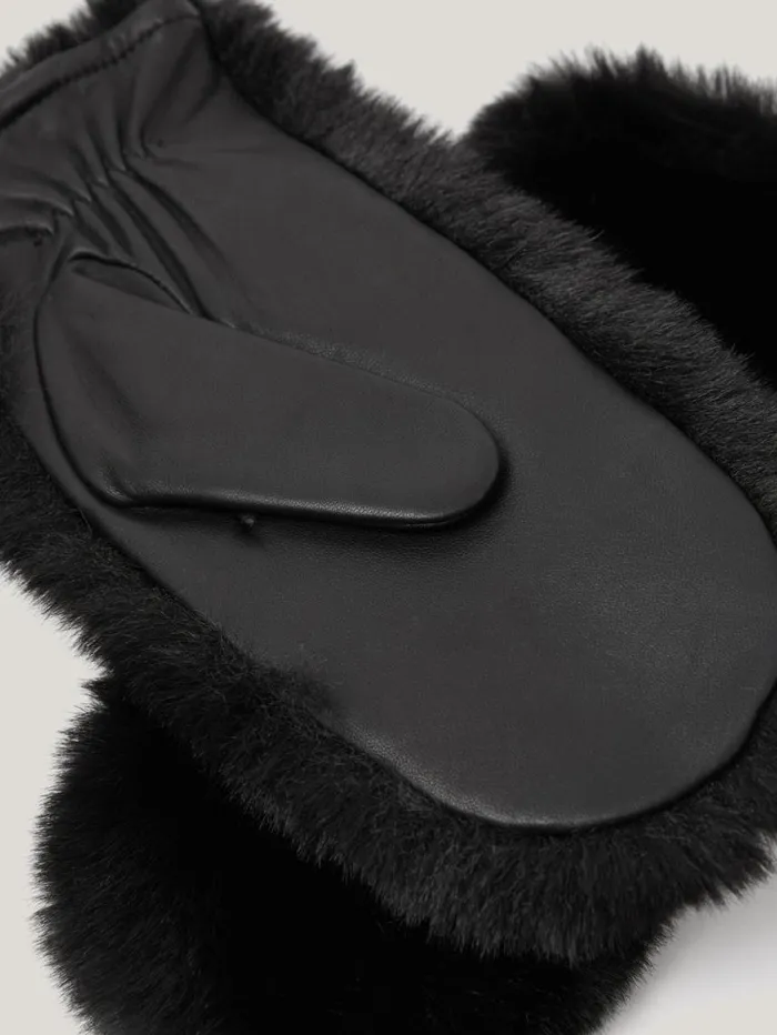 Jigsaw Faux Fur Leather Mitten Black Women Hats and Gloves
