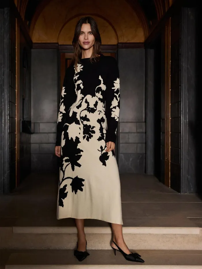 Jigsaw Floral Jacquard Knitted Dress Monochrome Women Coords
