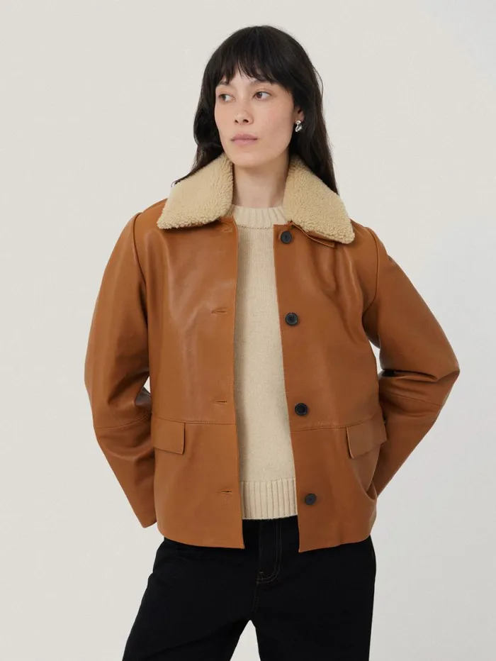 Jigsaw Leather Cropped Jacket Ginger Women Leather