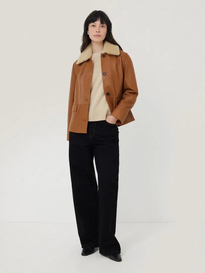Jigsaw Leather Cropped Jacket Ginger Women Leather