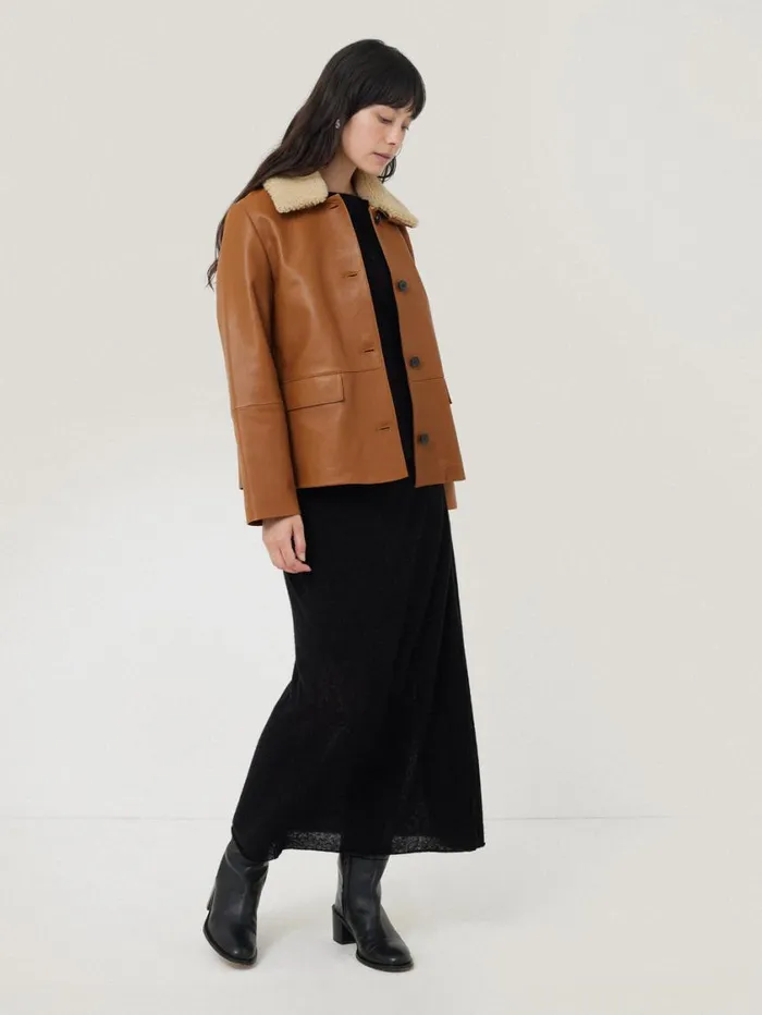 Jigsaw Leather Cropped Jacket Ginger Women Leather