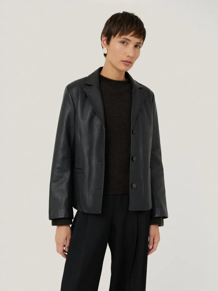 Jigsaw Leather Tailored Blazer Black Women Leather
