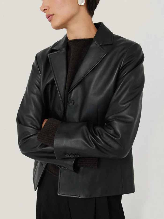 Jigsaw Leather Tailored Blazer Black Women Leather