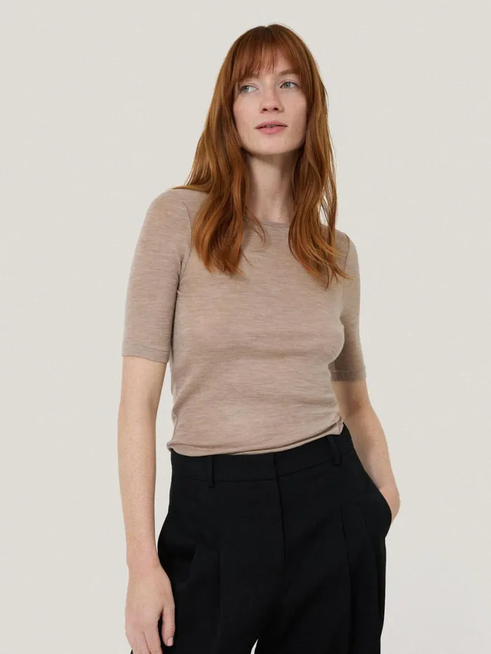 Jigsaw Merino Half Sleeve Tshirt Stone Women Shirts and Tops
