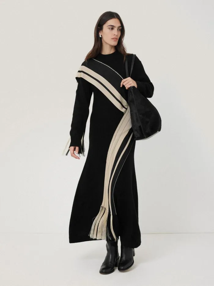 Jigsaw Opera Scarf Knitted Dress Black Women Knitwear and Cashmere