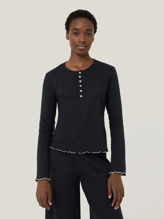 Jigsaw Pointelle Pyjama Henley Top Navy Women Pyjamas and Loungewear