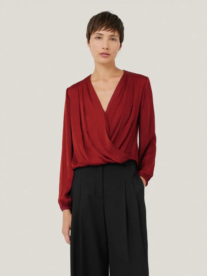 Jigsaw Recycled Satin Drape Wrap Top Red Women Shirts and Tops