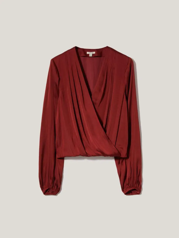 Jigsaw Recycled Satin Drape Wrap Top Red Women Shirts and Tops