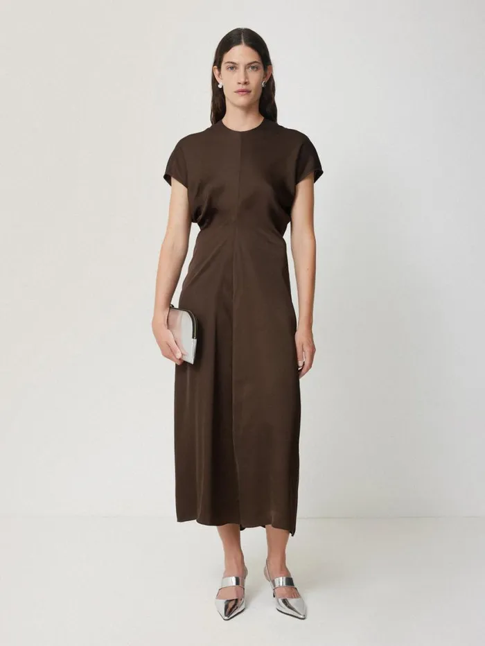 Jigsaw Satin Crepe Midi Dress Brown Women Dresses and Jumpsuits