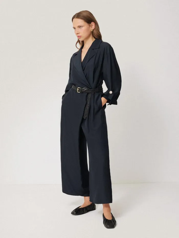 Jigsaw Silk Relaxed Wrap Jumpsuit Navy Women Party