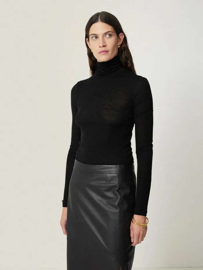 Jigsaw Wool Jersey Polo Neck Top Black Women Shirts and Tops