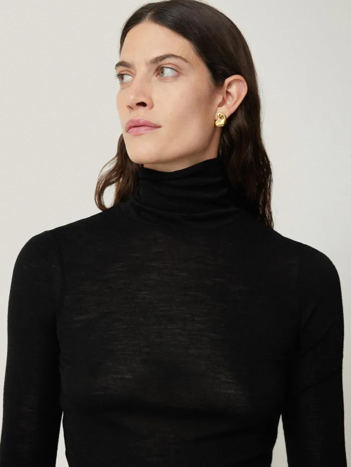 Jigsaw Wool Jersey Polo Neck Top Black Women Shirts and Tops
