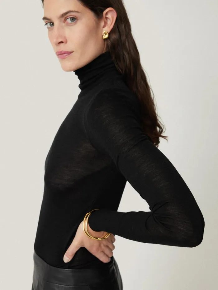 Jigsaw Wool Jersey Polo Neck Top Black Women Shirts and Tops