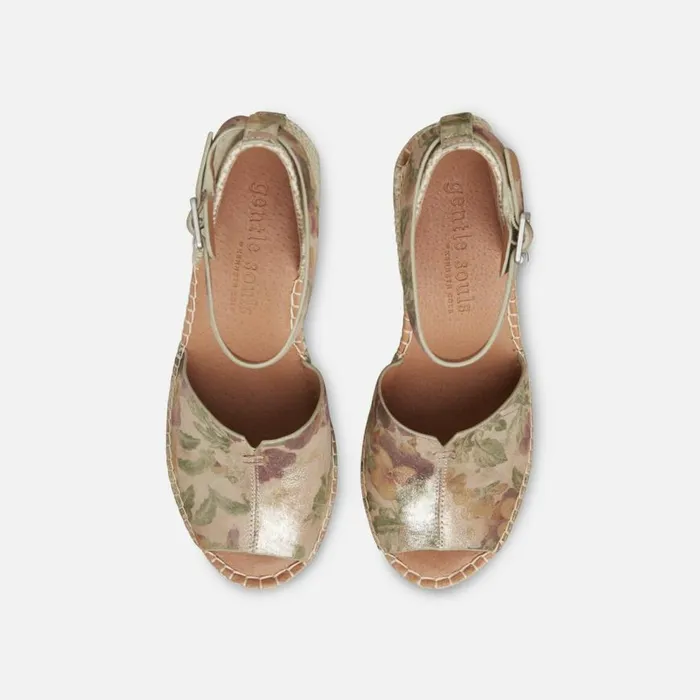 Kenneth Cole Charli Leather Floral Espadrille Wedge Champagne Women Gentle Souls