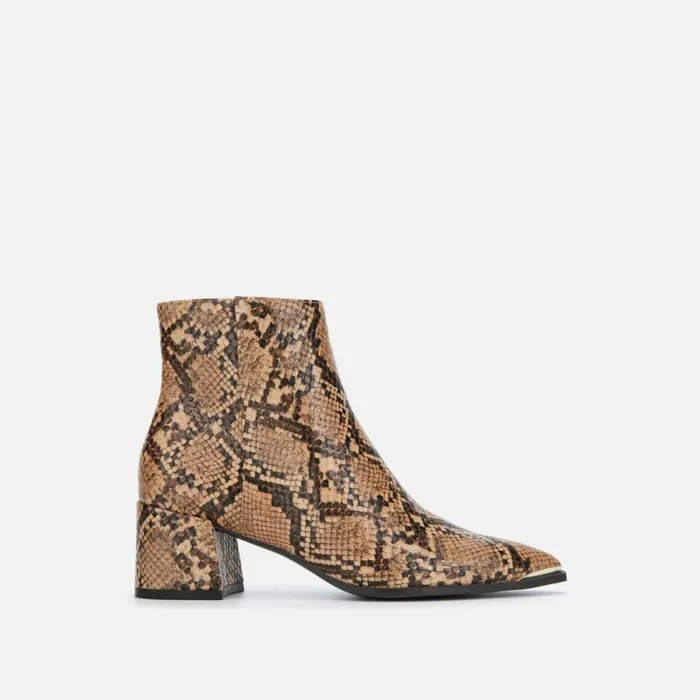 Kenneth Cole Roanne Snake Print Ankle Bootie With Block Heel Toffee Women Boots Booties