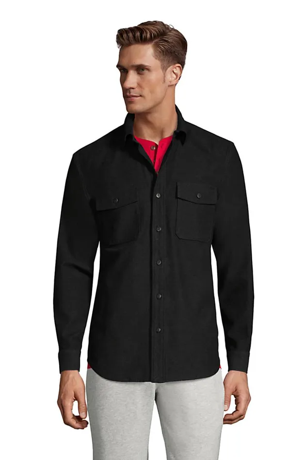 Lands039 End Casual Shirts Men Heavyweight Stretch Chamois Shirt Black