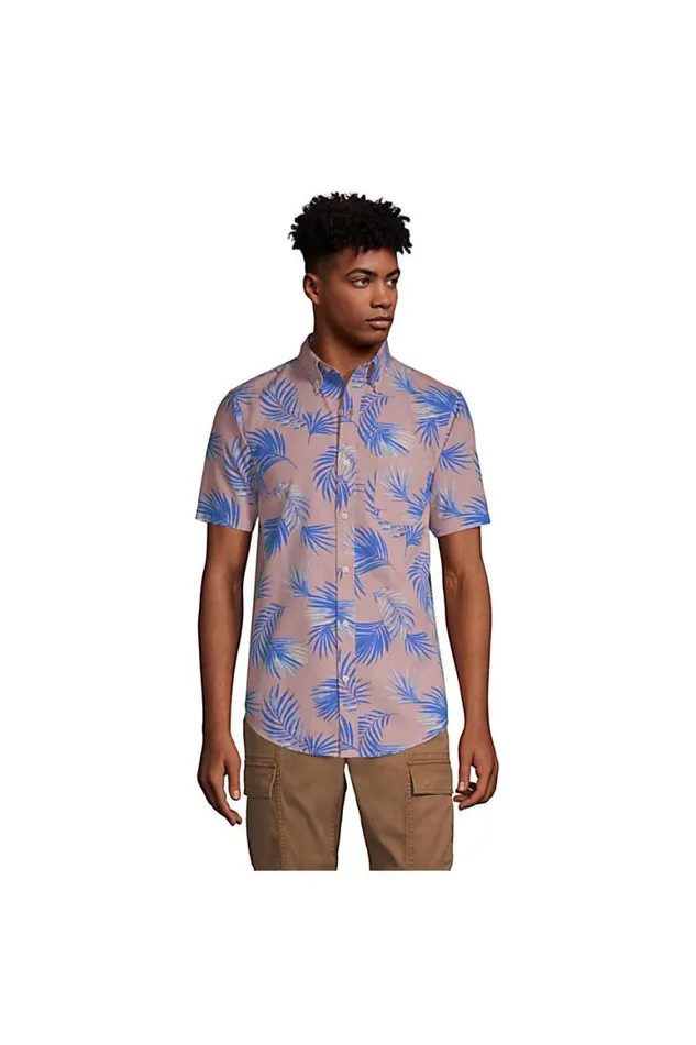 Lands039 End Casual Shirts Men Short Sleeve Button Down Chambray Traditional Fit Shirt Pink Chambray Palms Lands039 End Casual Shirts Men Short Sleeve Button Down Chambray Traditional Fit Shirt Pink Chambray Palms