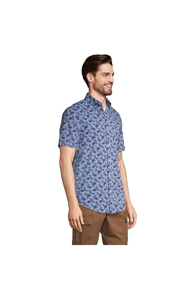 Lands039 End Casual Shirts Men Short Sleeve Button Down Chambray Traditional Fit Shirt Pink Chambray Palms