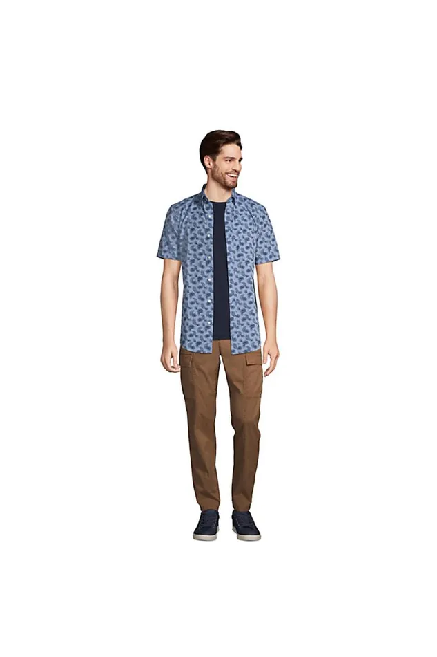Lands039 End Casual Shirts Men Short Sleeve Button Down Chambray Traditional Fit Shirt Pink Chambray Palms