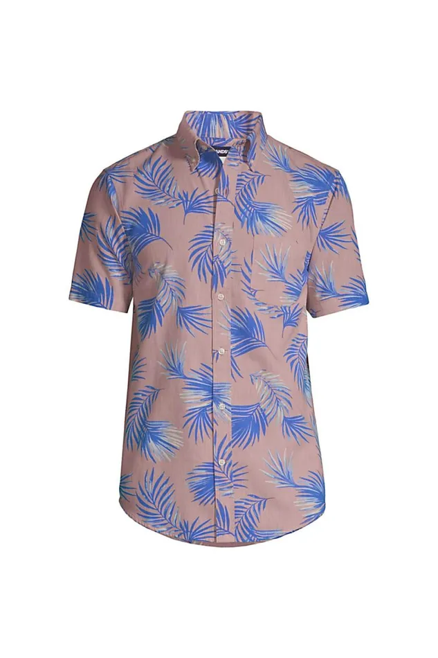 Lands039 End Casual Shirts Men Short Sleeve Button Down Chambray Traditional Fit Shirt Pink Chambray Palms
