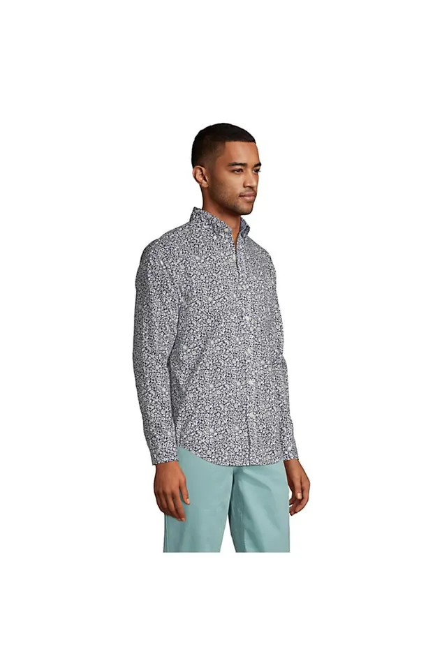 Lands039 End Casual Shirts Men Traditional Fit Essential Lightweight Poplin Shirt Deep Sea Navy Floral Mix