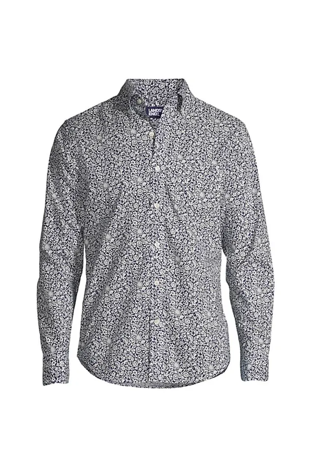 Lands039 End Casual Shirts Men Traditional Fit Essential Lightweight Poplin Shirt Deep Sea Navy Floral Mix