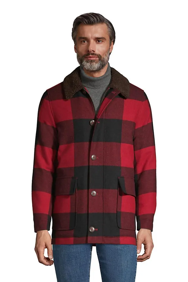 Lands039 End Coats and Jackets Men Wool Barn Coat Rich Red Buffalo Check