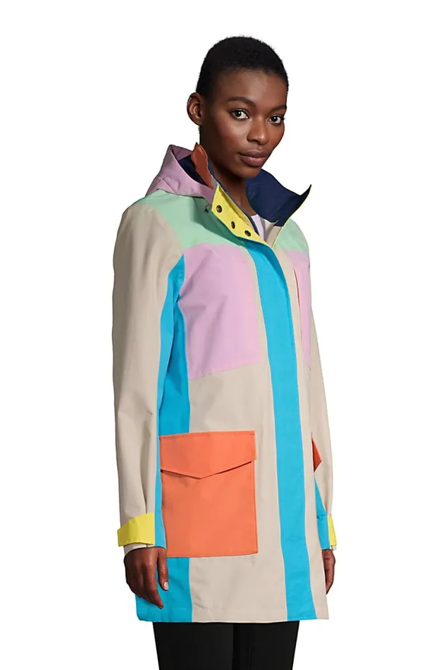 Lands039 End Coats and Jackets Women Squall Waterproof Raincoat With Hood Light Stone Multi Colorblock Lands039 End Coats and Jackets Women Squall Waterproof Raincoat With Hood Light Stone Multi Colorblock