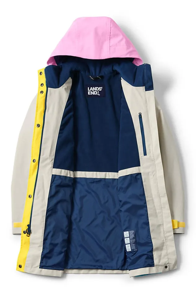 Lands039 End Coats and Jackets Women Squall Waterproof Raincoat With Hood Light Stone Multi Colorblock Lands039 End Coats and Jackets Women Squall Waterproof Raincoat With Hood Light Stone Multi Colorblock