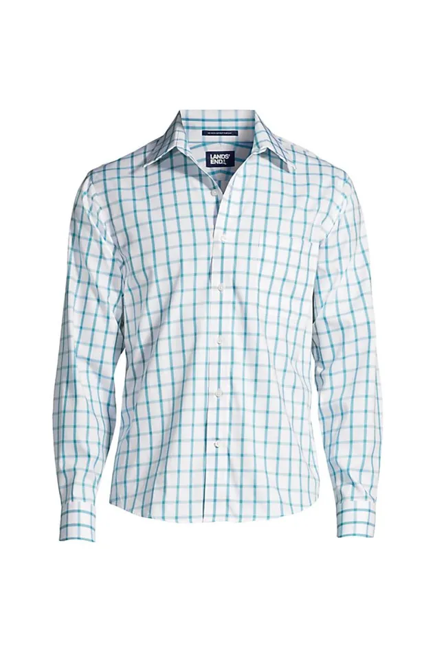 Lands039 End Dress Shirts Men Big And Tall Untucked Traditional Fit Straight Collar No Iron Pinpoint Shirt Peacock Teal Windowpane