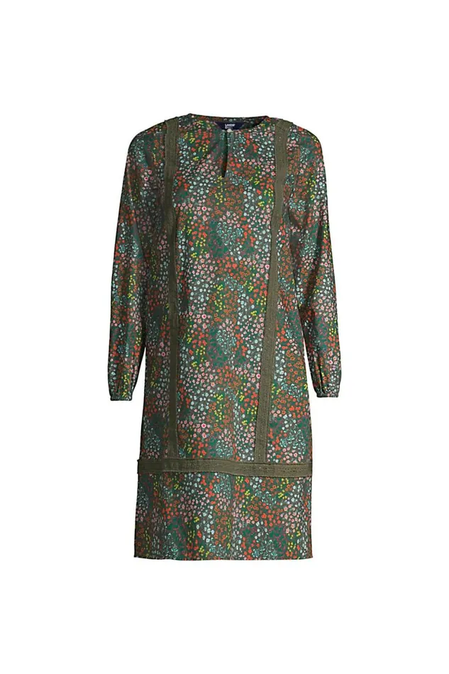 Lands039 End Dresses Women Plus Size Cotton Poplin Split Neck Dress Forest Moss Mini Floral