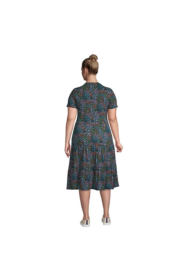 Lands039 End Dresses Women Plus Size Short Sleeve Tiered Dress Deep Sea Navy Mini Floral