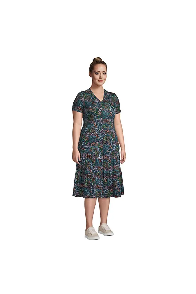 Lands039 End Dresses Women Plus Size Short Sleeve Tiered Dress Deep Sea Navy Mini Floral