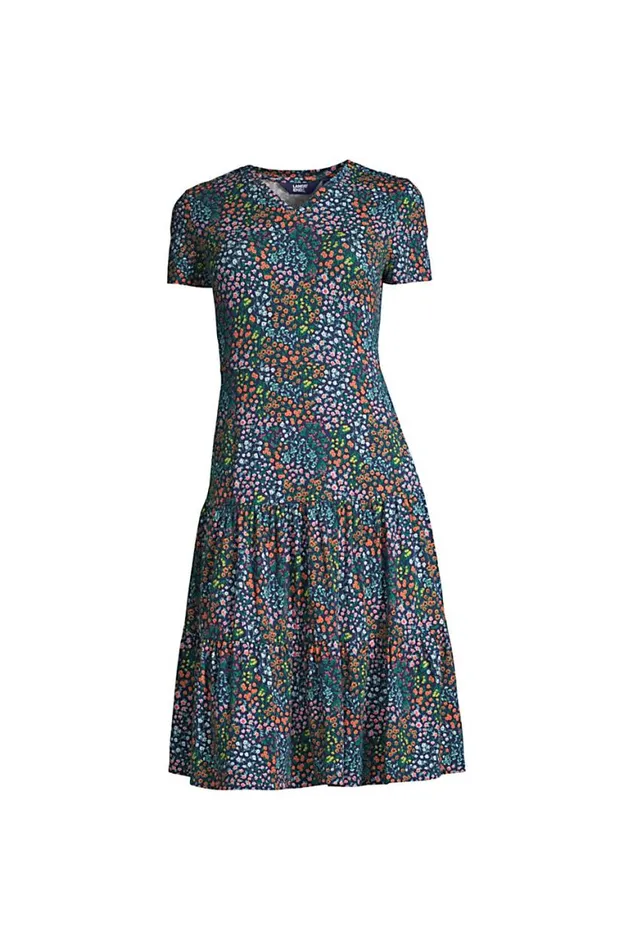 Lands039 End Dresses Women Plus Size Short Sleeve Tiered Dress Deep Sea Navy Mini Floral