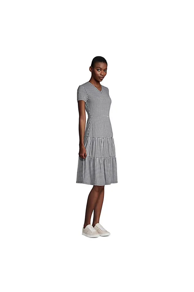 Lands039 End Dresses Women Short Sleeve Tiered Dress Deep Sea Navy Mini Floral