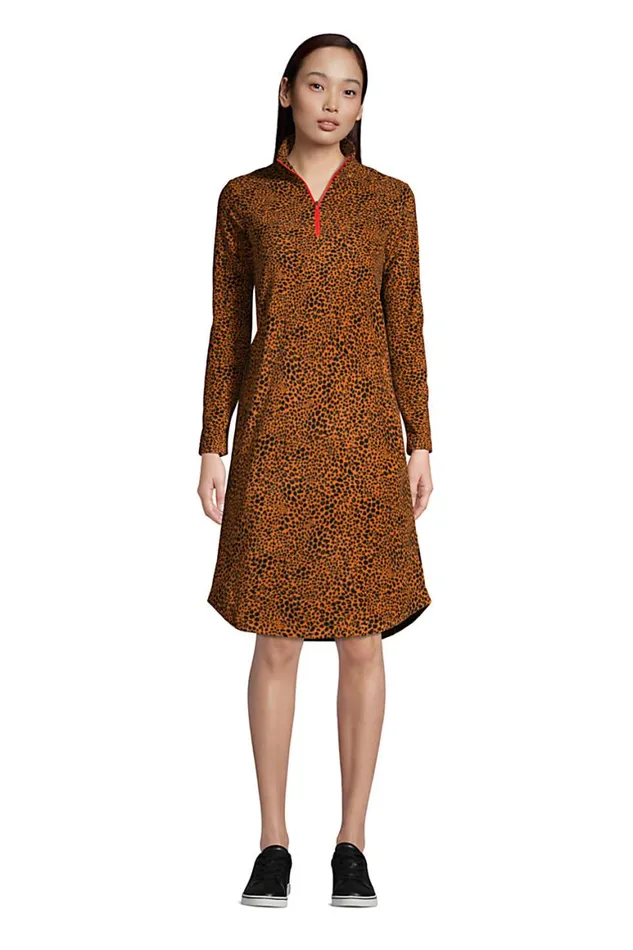 Lands039 End Fleece Women Long Sleeve Fleece Quarter Zip Dress Burnt Caramel Leopard Print Lands039 End Fleece Women Long Sleeve Fleece Quarter Zip Dress Burnt Caramel Leopard Print