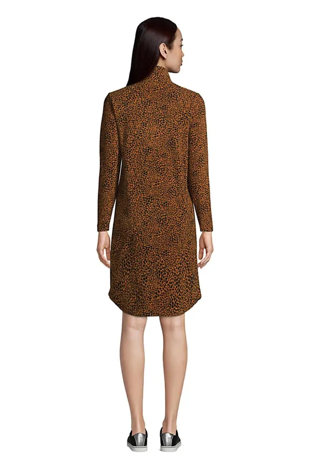Lands039 End Fleece Women Long Sleeve Fleece Quarter Zip Dress Burnt Caramel Leopard Print