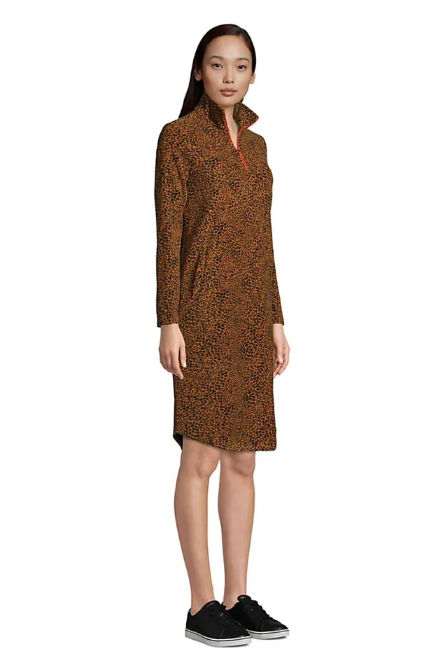 Lands039 End Fleece Women Long Sleeve Fleece Quarter Zip Dress Burnt Caramel Leopard Print