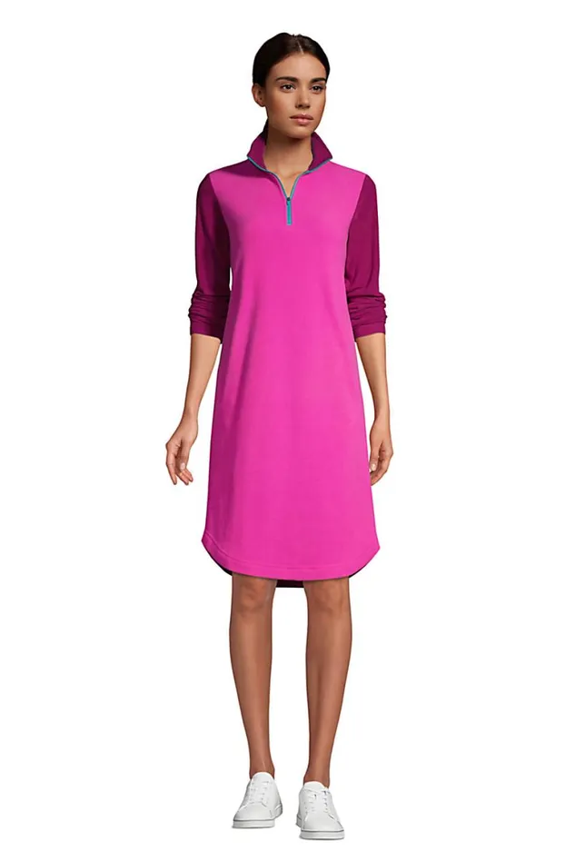 Lands039 End Fleece Women Long Sleeve Fleece Quarter Zip Dress Burnt Caramel Leopard Print