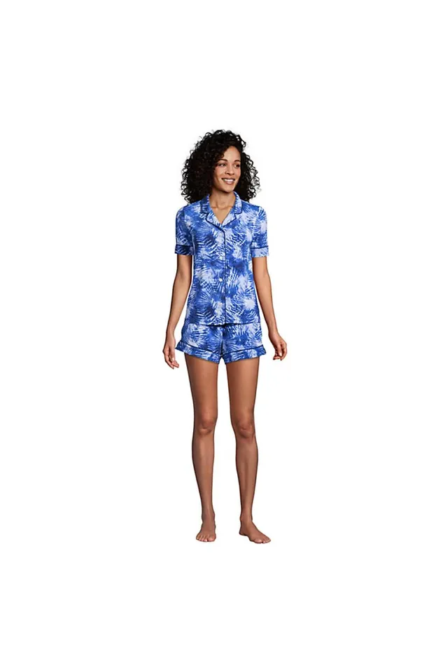 Lands039 End Pajamas and Robes Women Comfort Knit Pajama Set Short Sleeve Top And Shorts Deep Sea Navy Tie Dye Palm