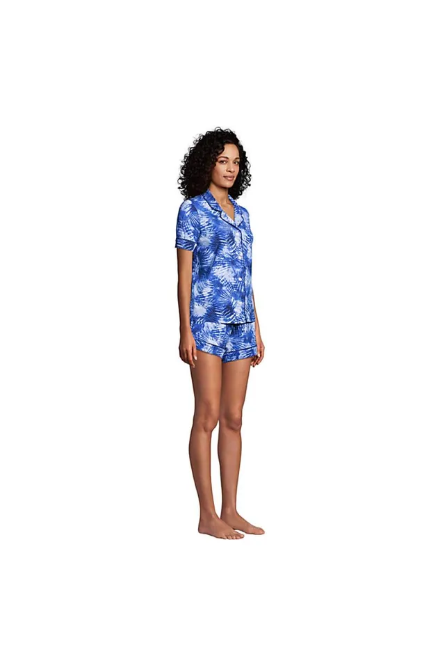 Lands039 End Pajamas and Robes Women Comfort Knit Pajama Set Short Sleeve Top And Shorts Deep Sea Navy Tie Dye Palm