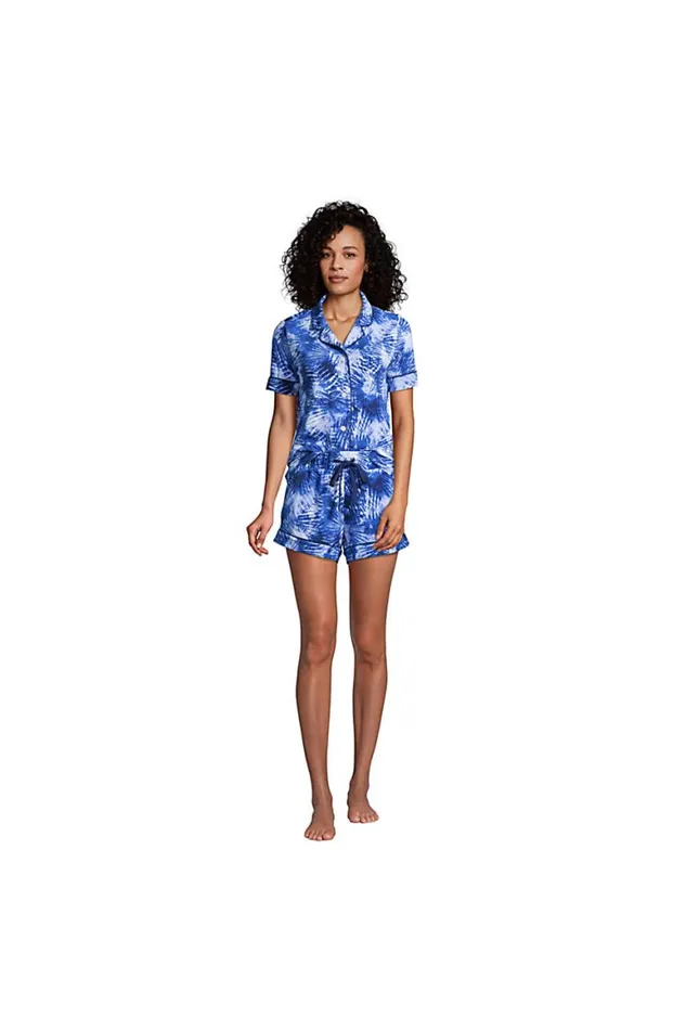 Lands039 End Pajamas and Robes Women Comfort Knit Pajama Set Short Sleeve Top And Shorts Deep Sea Navy Tie Dye Palm