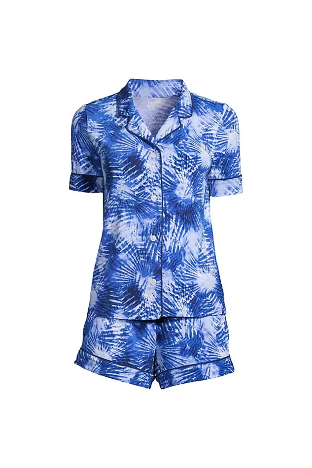 Lands039 End Pajamas and Robes Women Comfort Knit Pajama Set Short Sleeve Top And Shorts Deep Sea Navy Tie Dye Palm