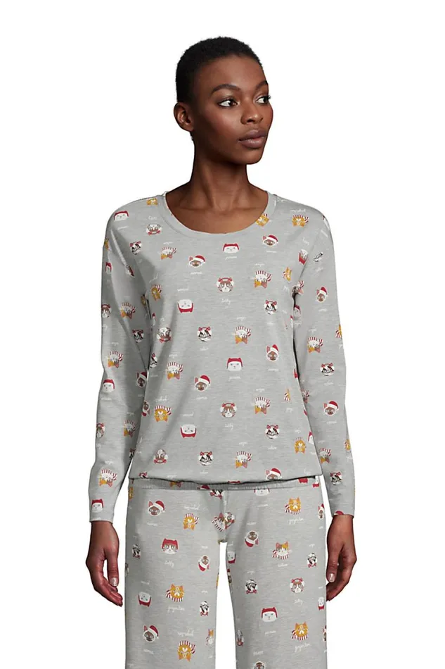 Lands039 End Pajamas and Robes Women Lounge Long Sleeve Pajama Shirt Gray Heather Cats