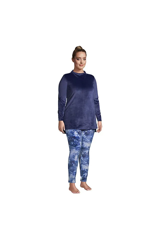 Lands039 End Pajamas and Robes Women Plus Size Cozy Pajama Set Long Sleeve Top And Print Leggings Deep Sea Navy Tie Dye Palm
