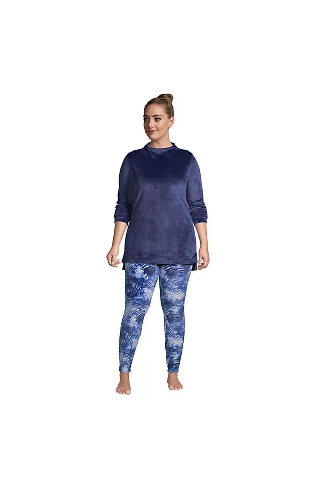 Lands039 End Pajamas and Robes Women Plus Size Cozy Pajama Set Long Sleeve Top And Print Leggings Deep Sea Navy Tie Dye Palm